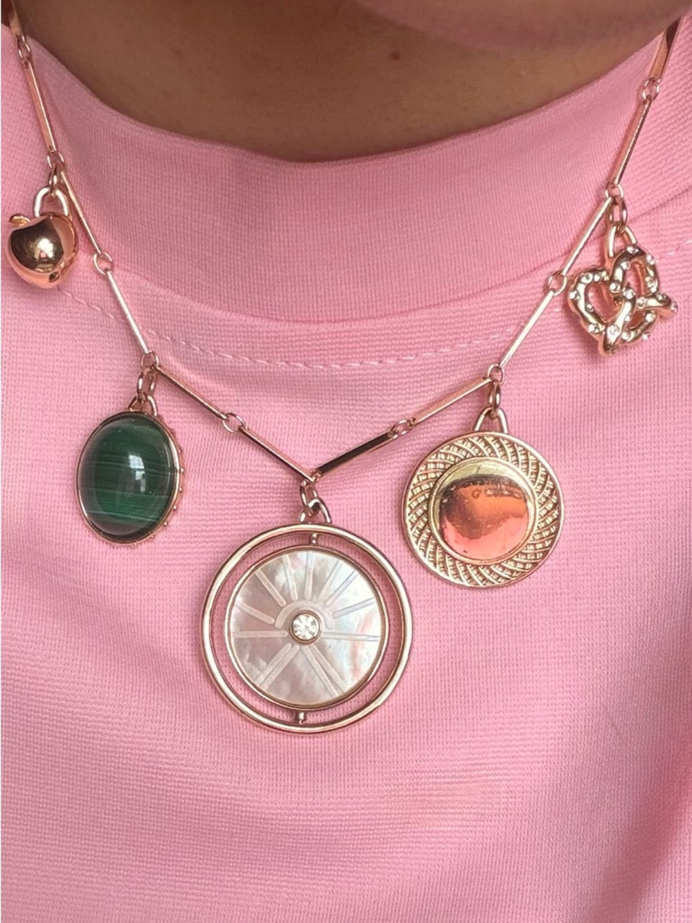 Boutique Gold Charm Necklace | Green Stone | Statement Layered Look
